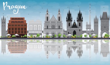 Prag manzarası ile gri yerler, mavi gökyüzü ve yansımaları