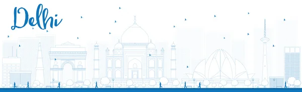 Outline Delhi skyline con punti di riferimento blu — Vettoriale Stock