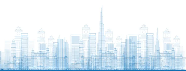 Overzicht Dubai City wolkenkrabbers in blauwe kleur — Stockvector