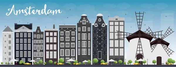De skyline van de stad van Amsterdam met grijze gebouwen en blauwe hemel — Stockvector
