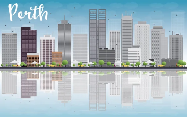 Perth skyline with grey buildings, blue sky and reflection — Stock Vector