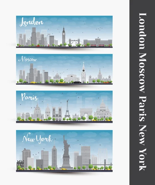 Londres, Moscú, París, Nueva York. Conjunto de cuatro banner horizonte de la ciudad — Vector de stock