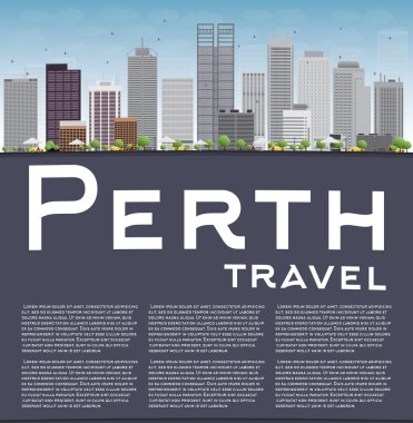 Perth manzarası ile gri binalar, mavi gökyüzü ve kopya yer