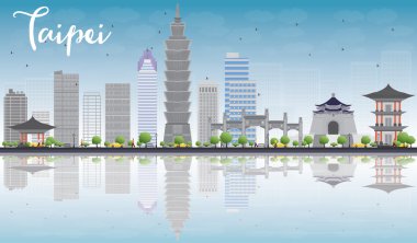 Taipei manzarası gri yerler, mavi gökyüzü ve yansıma ile