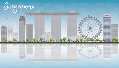Singapore skyline with grey landmarks, blue sky and reflections