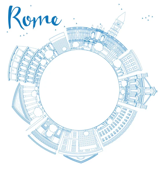 Outline skyline di Roma con punti di riferimento blu e spazio copia — Vettoriale Stock