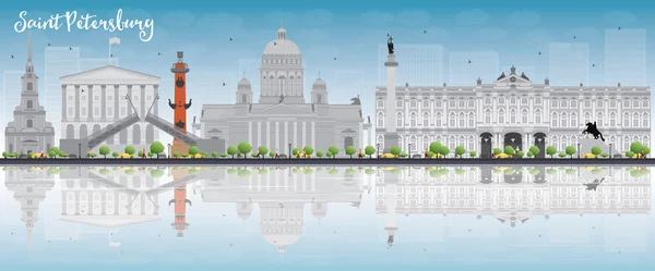 Saint Petersburg skyline with grey landmarks, blue sky and copy