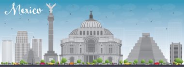 Gri simgeleri ve mavi gökyüzü ile Meksika silueti.