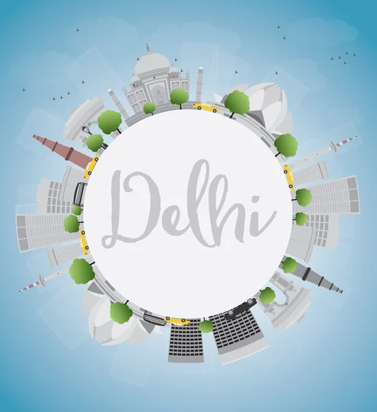 Skyline Delhi con puntos de referencia grises, cielo azul y espacio de copia . — Vector de stock