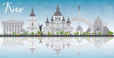 Kiev skyline with grey landmarks, blue sky and reflections clipart