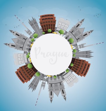 Prag manzarası ile gri tarihi yerler, mavi gökyüzü ve kopya yer