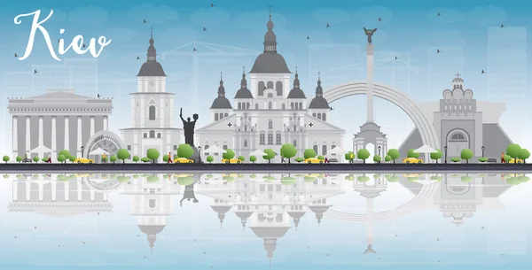 Panoramę Kijów z szarego zabytków, Błękitne niebo i refleksje — Wektor stockowy