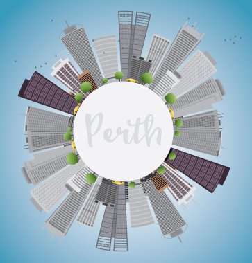 Perth manzarası ile gri binalar, mavi gökyüzü ve kopya yer