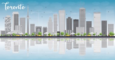 Toronto manzarası gri binalar, mavi gökyüzü ve yansıma ile.