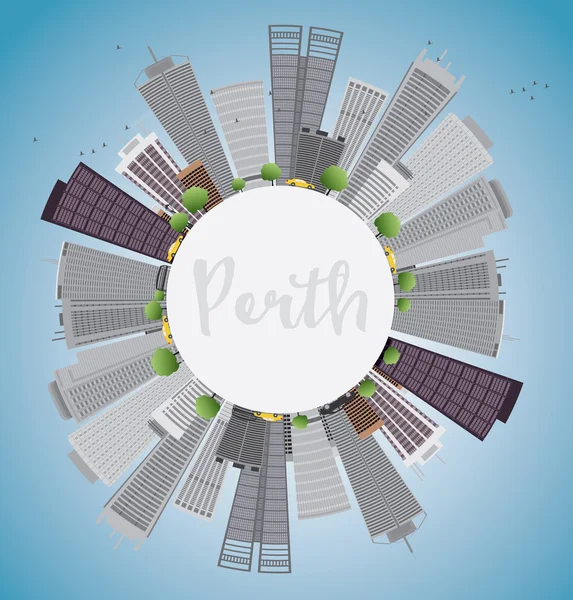 Perth skyline med grå byggnader, blå himmel och kopia utrymme — Stock vektor