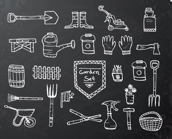 Collection of garden elements on black chalkboard — Stockový vektor