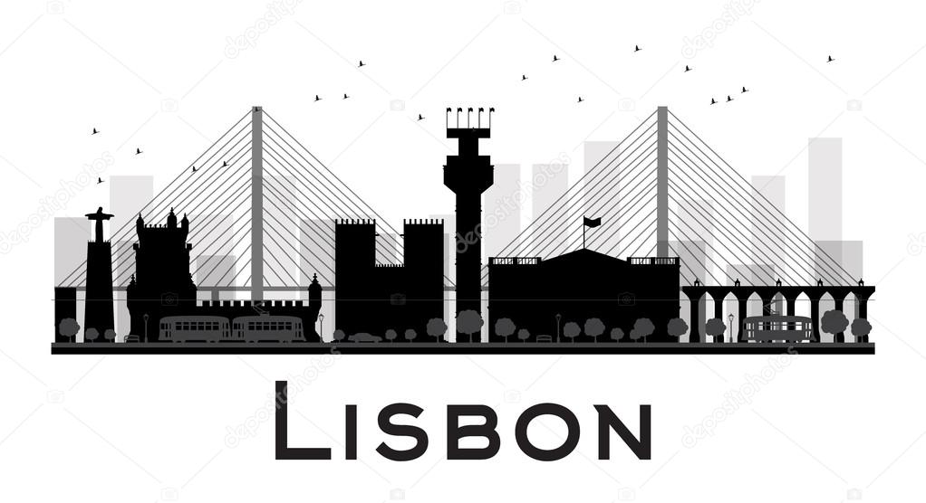 Lisbon City skyline black and white silhouette. 