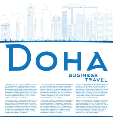 Outline Doha skyline with blue skyscrapers.