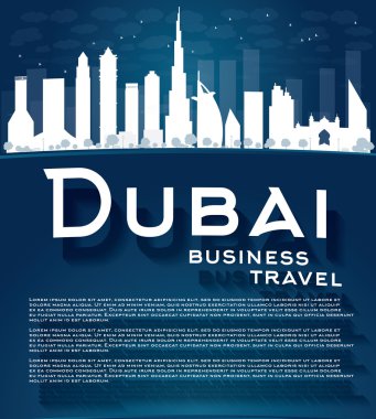 Dubai City skyline with white skyscrapers, blue sky and copy spa