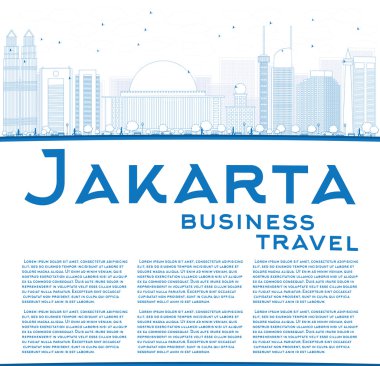 Mavi simgeleri ve kopyalama alanı ile Anahat Jakarta silueti. 