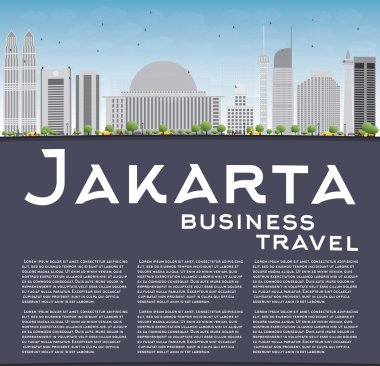 Gri simgeleri, mavi gökyüzü ve kopya alanı ile Jakarta silueti. 