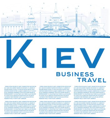 Outline Kiev skyline with blue landmarks and copy space.