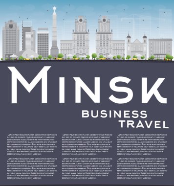 Minsk skyline with grey buildings, blue sky and reflections.