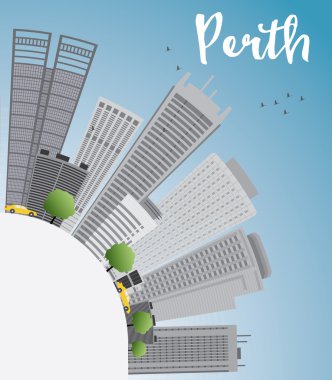 Perth manzarası ile gri binalar, mavi gökyüzü ve kopya yer.