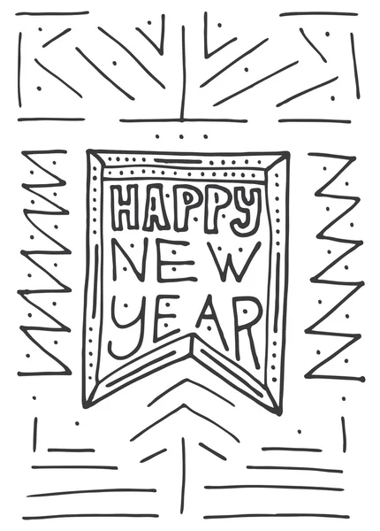 Feliz Ano Novo fundo com letras de mão e bandeira . —  Vetores de Stock