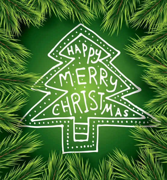 Christmas card with white tree on green background and pine bran — Stock vektor