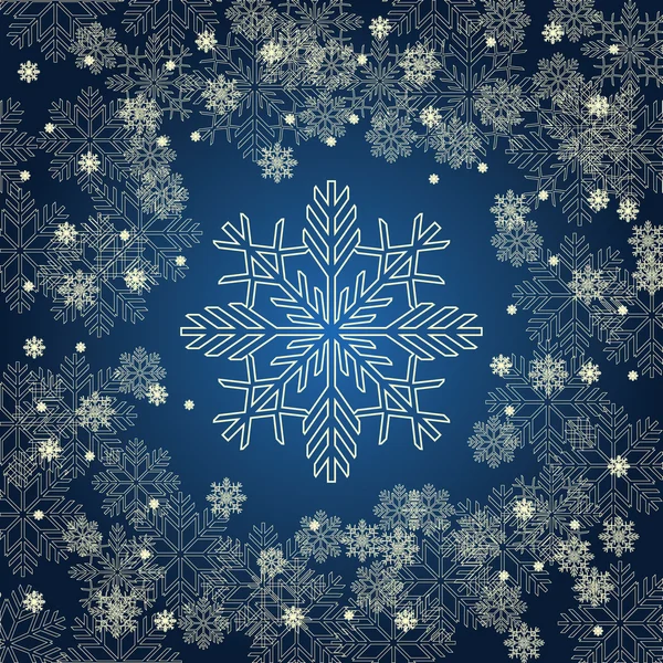 Julkort med gyllene snöflingor på Mörkblå bakgrund. — Stock vektor
