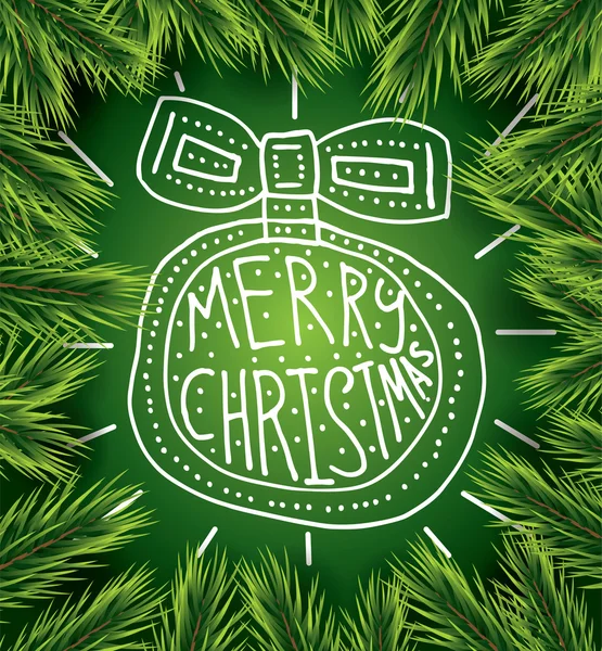 Tarjeta de Navidad con bola blanca sobre fondo verde y salvado de pino — Archivo Imágenes Vectoriales
