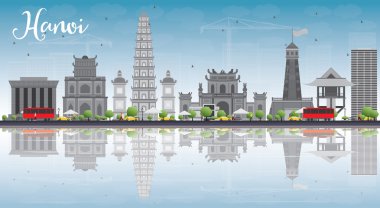 Gri Simgeler, mavi gökyüzü ve yansımaları ile Hanoi silueti. 