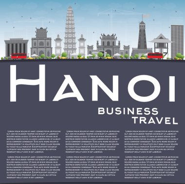 Gri Simgeler, mavi gökyüzü ve kopyalama alanı ile Hanoi silueti. 