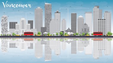 Vancouver skyline with grey buildings, blue sky and reflections.