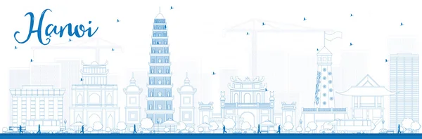 Outline Hanoi skyline con punti di riferimento blu . — Vettoriale Stock