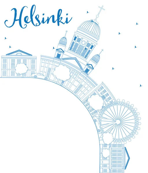 Esquema del horizonte de Helsinki con edificios azules y espacio para copiar . — Vector de stock