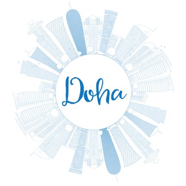 Outline Doha skyline with blue skyscrapers.