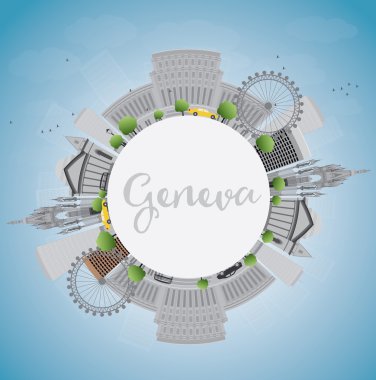 Geneva manzarası ile gri tarihi yerler, mavi gökyüzü ve kopya yer. 