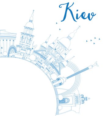 Outline Kiev skyline with blue landmarks and copy space.