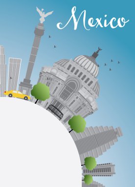 Mexico skyline with gray landmarks and blue sky.