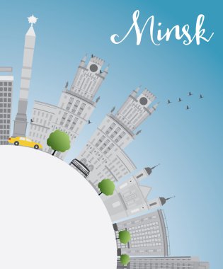 Minsk skyline with gray buildings, blue sky and copy space.