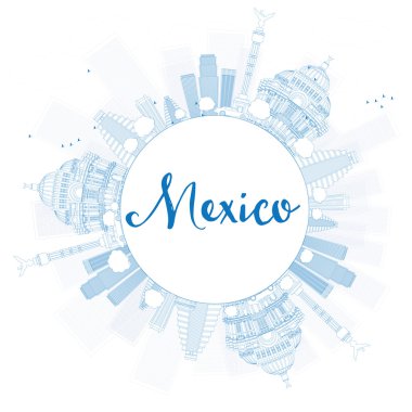 Outline Mexico skyline with blue landmarks and copy space. clipart