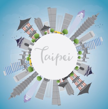 Taipei manzarası ile gri tarihi yerler, mavi gökyüzü ve kopya yer. 