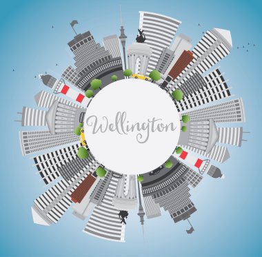 Wellington manzarası ile gri binalar, mavi gökyüzü ve kopya yer.