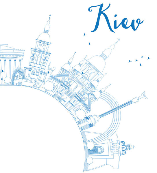 Outline Kiev skyline with blue landmarks and copy space.