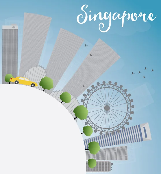 Ορίζοντας της Σιγκαπούρης με γκρίζα σημεία ενδιαφέροντος, μπλε ουρανό και χώρο αντιγραφής. — Διανυσματικό Αρχείο
