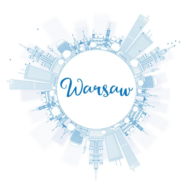 Outline Warsaw skyline with blue buildings and copy space. — Stock Vector