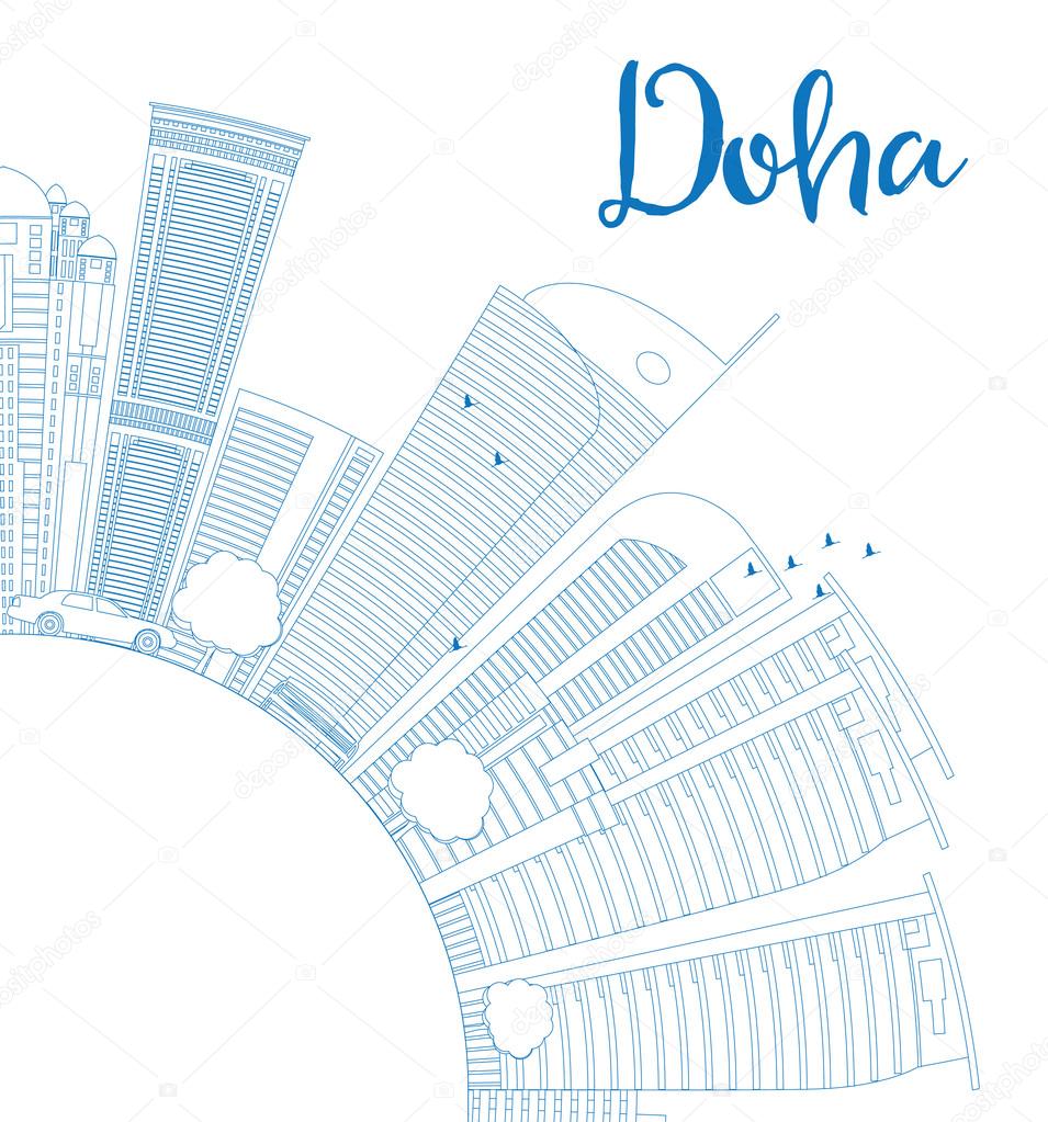 Outline Doha skyline with blue skyscrapers.