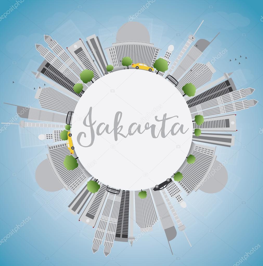 Jakarta skyline with grey landmarks, blue sky and copy space. 